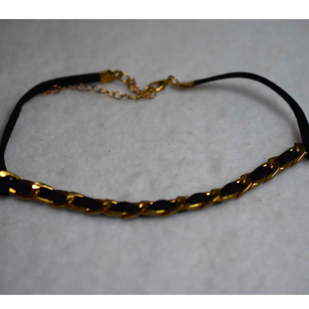 Gothic Renaissance Black Cord Gold Tone Metal Accent Choker Necklace